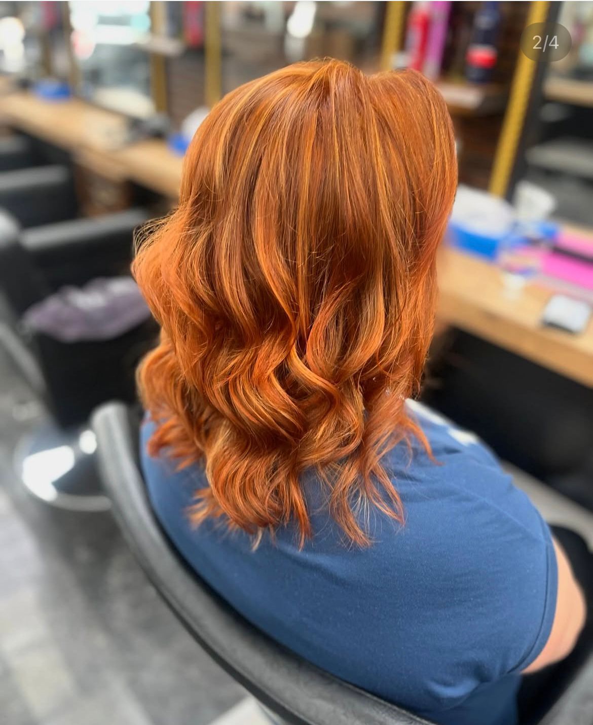 Copper hair colour and waves by Finchley hairdresser Alfiya